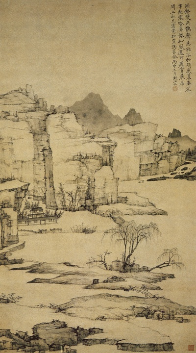 国画印刷版.清代1.弘仁的国画作品-清 弘仁 雨余柳色图84．4X45．3