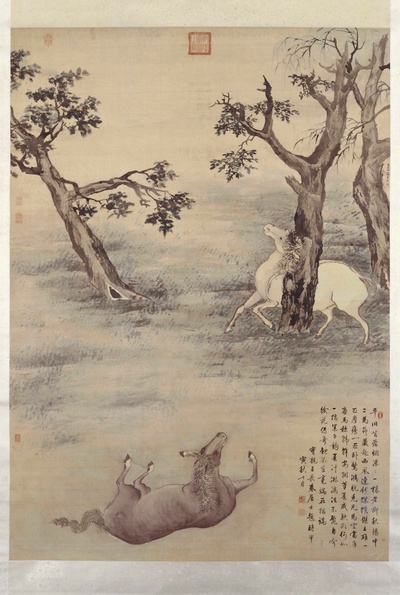 国画印刷版.清代1.高其佩的国画作品-清代 高其佩 双骏图50x33