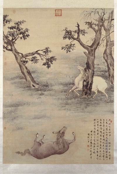 国画印刷版.清代1.高其佩的国画作品-清代 高其佩 双骏图50x33