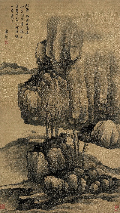 国画印刷版.清代1.龚贤的国画作品-清 龚贤 高岗茅屋图 绢本60x106