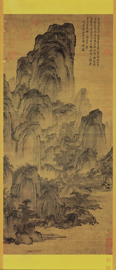 国画印刷版.宋.燕文贵的国画作品-宋 燕文貴 溪山楼观图103.9x47.4台北