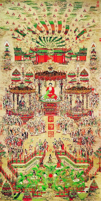 国画印刷版.清代1.丁观鹏的国画作品-清 丁关鹏 极乐世界 绢本 119.3x60