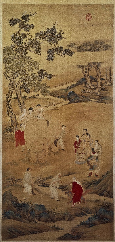 国画印刷版.清代1.丁观鹏的国画作品-清 丁观鹏 乾隆皇帝洗象图轴132.3x62.5