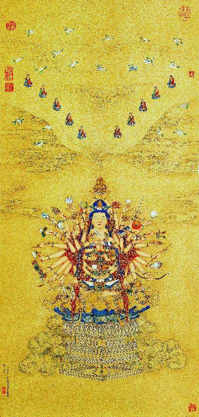 国画印刷版.清代1.丁观鹏的国画作品-清 丁观鹏 宝相观音 绢本55x122