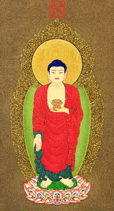 国画印刷版.清代1.丁观鹏的国画作品-清代 丁观鹏 阿弥陀佛 绢本50X92