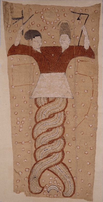 国画印刷版.其他朝代.唐的国画作品-唐 伏羲女娲像页绢本87x44