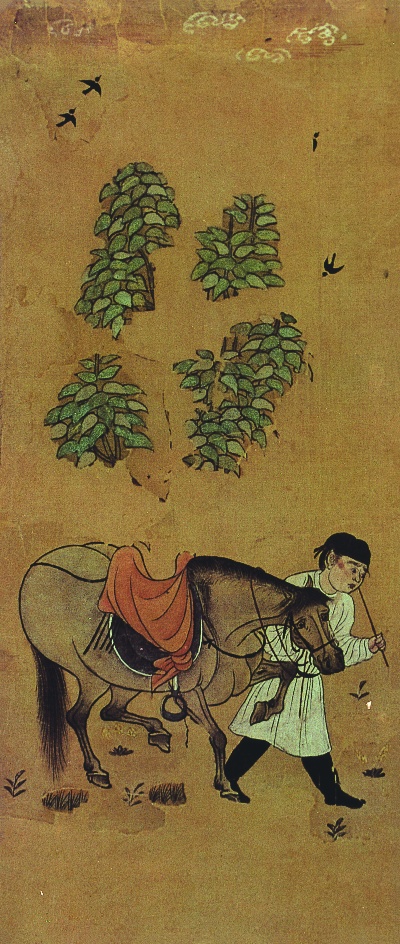 国画印刷版.其他朝代.唐的国画作品-唐 牧马图 绢本35x82.66
