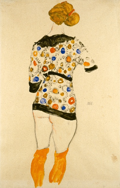 美国阿特金森美术馆.-2美国阿特金斯博物馆_藏画高清实拍 2的作品-Egon Schiele——穿着图案衬衫的站立女性，1912年
