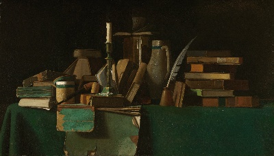 美国阿特金森美术馆.-3美国阿特金斯博物馆_藏画高清实拍 3的作品-约翰·弗雷德里克·佩托——桌子上的书，约1900年