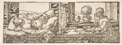 美国纽约大都会美术馆素描藏画.-1MDg083=美国纽约大都会美术馆素描 1的作品-Albrecht Dürer——绘图员绘制了一幅倾斜女性的透视图
