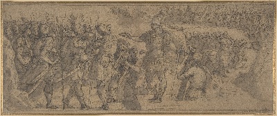 美国纽约大都会美术馆素描藏画.-1MDg083=美国纽约大都会美术馆素描 1的作品-亚历山德罗·阿洛里（Alessandro Allori）——指挥官向部队讲话时的叙事雕带设计