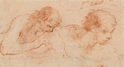 美国纽约大都会美术馆素描藏画.-1MDg083=美国纽约大都会美术馆素描 1的作品-安德里亚·萨基（1599-1661）——两项关于男子半身像的研究转向了右边