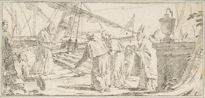 美国纽约大都会美术馆素描藏画.-10MDg083=美国纽约大都会美术馆素描 7的作品-Giovanni Battista Tiepolo——主教和僧侣被接待一书的插图