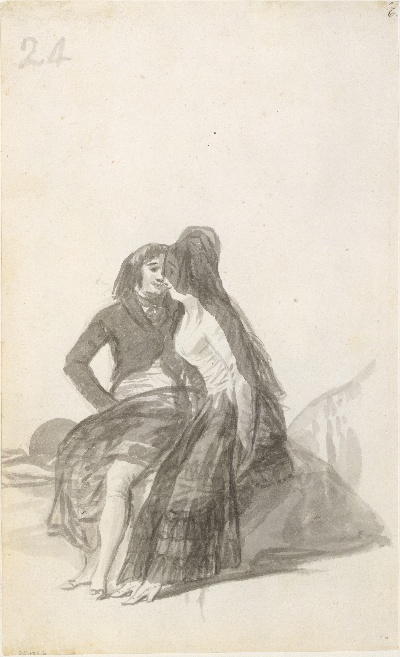 美国纽约大都会美术馆素描藏画.-11MDg083=美国纽约大都会美术馆素描 8的作品-戈雅——坐在岩石上的情人
