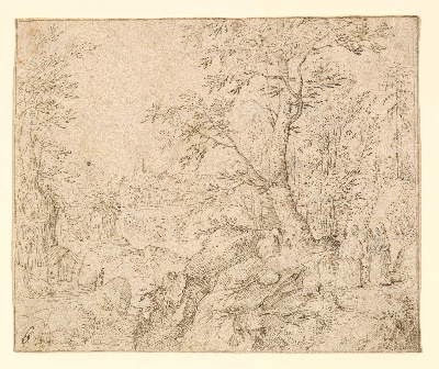 美国纽约大都会美术馆素描藏画.-4MDg083=美国纽约大都会美术馆素描 12的作品-Philip van den Bossche——崎岖的森林河流景观
