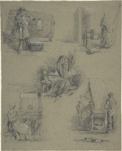 美国纽约大都会美术馆素描藏画.-5MDg083=美国纽约大都会美术馆素描 2的作品-匿名——五张展示编织和纺纱过程的图纸