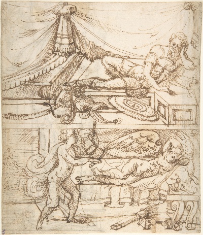 美国纽约大都会美术馆素描藏画.-5MDg083=美国纽约大都会美术馆素描 2的作品-安德烈斯·德·梅尔加（Andrés de Melgar）——躺在屋内的战士，俯卧在丘比特身上