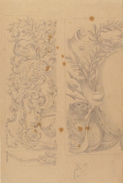 美国纽约大都会美术馆素描藏画.-9MDg083=美国纽约大都会美术馆素描 6的作品-仿照阿戈斯蒂诺（Stanzani）米泰利（Mitelli）——绘画中花卉装饰的左侧部分
