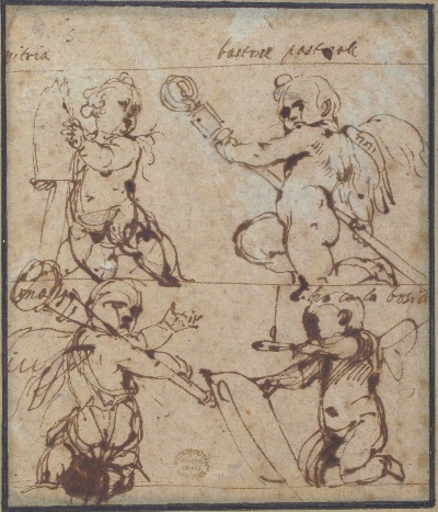 美国纽约大都会美术馆素描藏画.-9MDg083=美国纽约大都会美术馆素描 6的作品-Daniele Crespi——戴着冠冕的Putti、Crosier狼牙棒、书和蜡烛