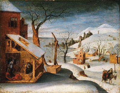 美国费城美术馆精品藏画高清图集TIF-1的作品-1619年，佛兰芒活跃的亚伯·格里默——天使出现在圣约瑟夫面前的冬季风景，对无辜者的屠杀
