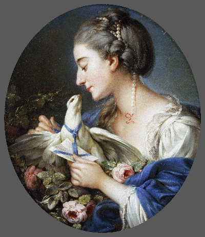美国费城美术馆精品藏画高清图集TIF-1的作品-1822年，德国人约翰·克里斯蒂安·冯·曼利希（Johann Christian von Mannlich，活跃于巴黎）将一封信系在鸽子脖子上的年轻女子