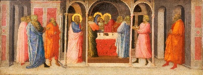 美国费城美术馆精品藏画高清图集TIF-3的作品-乔瓦尼·托斯卡尼（Giovanni di Francesco Toscani），意大利人（活跃的佛罗伦萨），约1370-80-1430年——在寺庙中展示基督