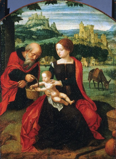 美国费城美术馆精品藏画高清图集TIF-4的作品-女半身像大师，荷兰语（安特卫普现役），现役约1520-1540年——在飞往埃及的航班上休息