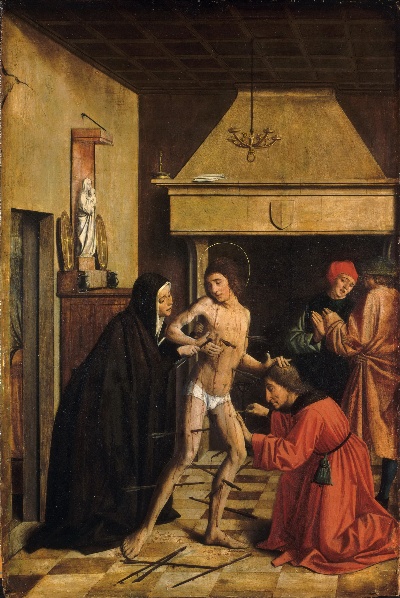 美国费城美术馆精品藏画高清图集TIF-4的作品-Josse Lieferinxe，法国，记载1493-1505-8年——艾琳治愈的圣塞巴斯蒂安
