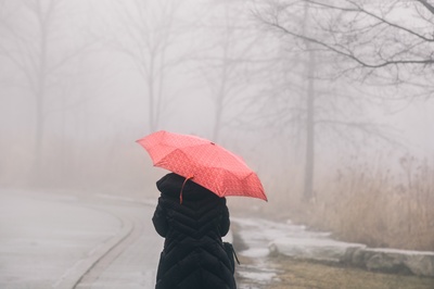 雨伞的图片-雨中行走的红伞