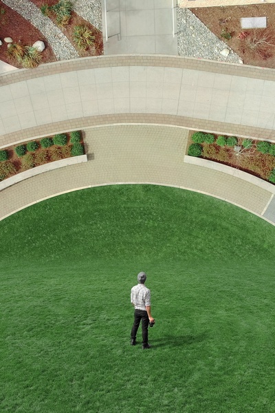 平面设计师的图片-男人站在花园里，前面是垂直的风景。