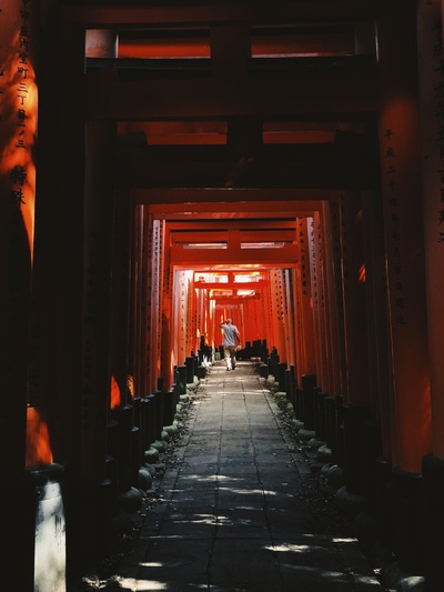 日本的图片-在日本，一个男人在红色拱门间徘徊。