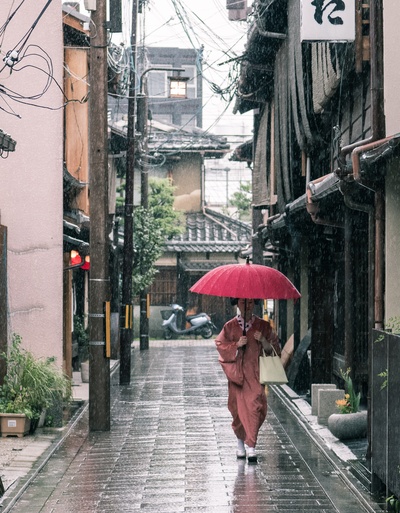 站在我的伞下的图片-穿着棕色长袍的女人拿着雨伞走在水泥路上