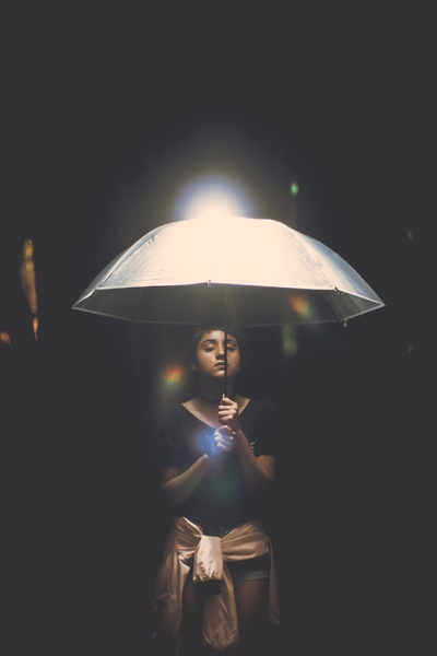站在我的伞下的图片-晚上拿着灯光的女人
