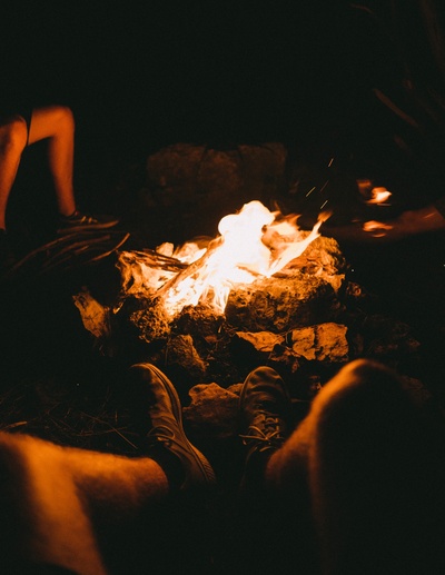 冒险的图片-夜间坐在篝火旁的一群人