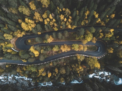 航拍的图片-树木环绕的弯曲道路俯视图
