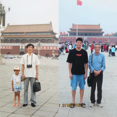 寻找老照片里的地点的图片-1987年，我父亲带着4岁的我第一次去北京天安门。2017年，我爸爸做完手术后一起在天安门合影。2020年冬天，我父亲过世了。
