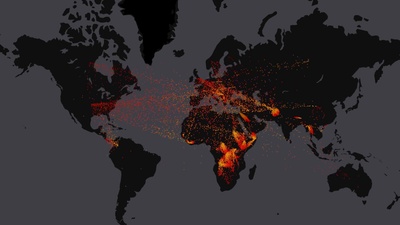 (20180620)的图片-2000年到2016年间全球难民的流动情况 (© Map visualization: Records from UNHCR/EarthTime visualization by Carnegie Mellon CREATE Lab)